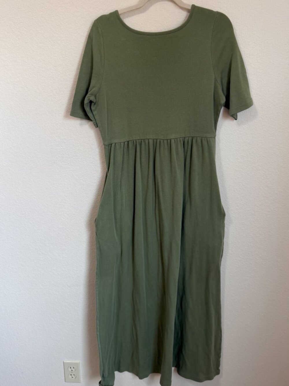 Coldwater Creek Olive Green 100% Cotton Jersey Short Sleeve Midi Dress Pockets - Picture 8 of 9